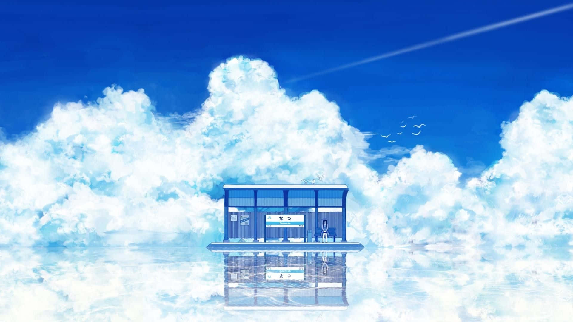 Blue Anime Background Store Floating In The Clouds