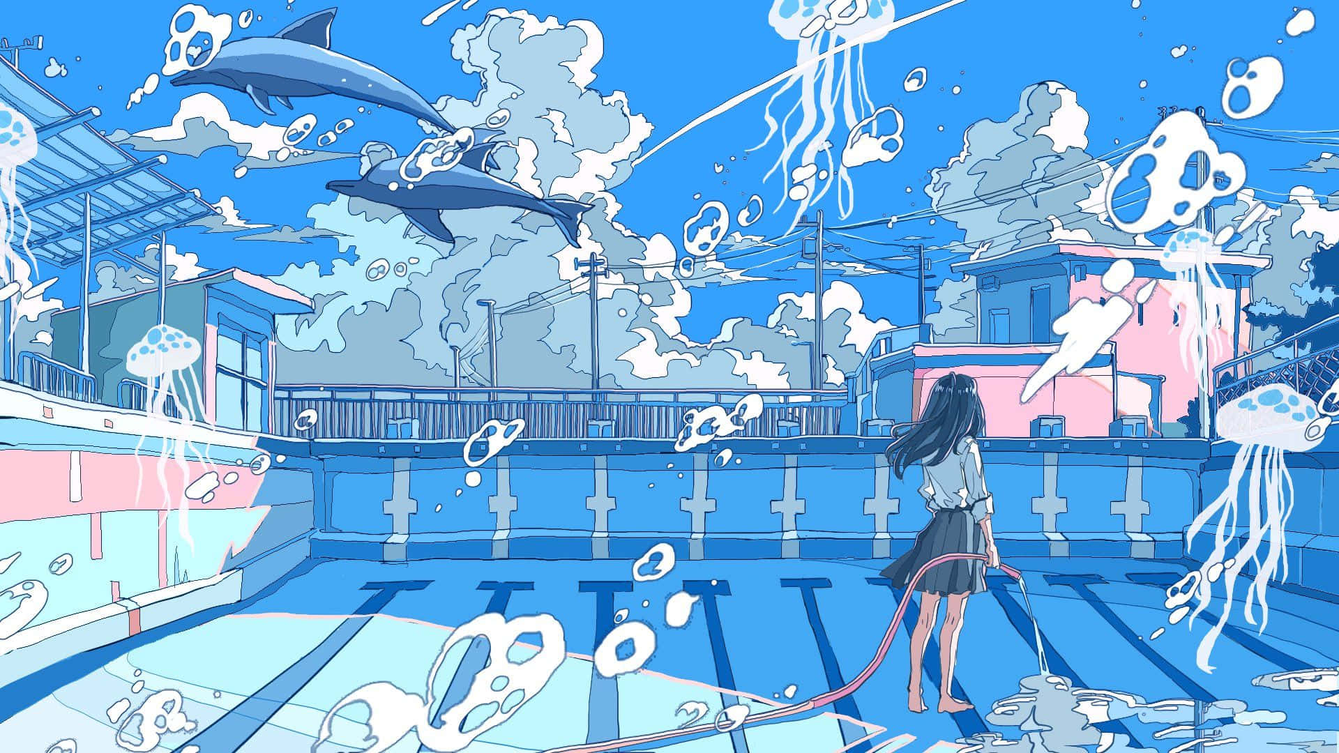 Fondode Pantalla Azul De Una Chica De Anime En Una Piscina Con Criaturas Marinas.