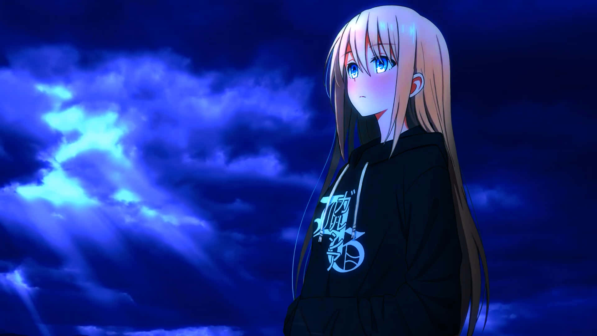 Blåanime-bakgrund, Blond Anime-tjej Tittar Mot Himlen.
