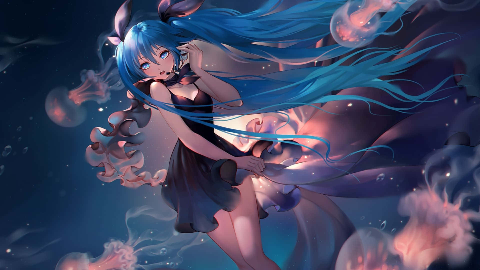 Fondode Pantalla De Anime Azul, Hatsune Miku Con Vestido Negro.