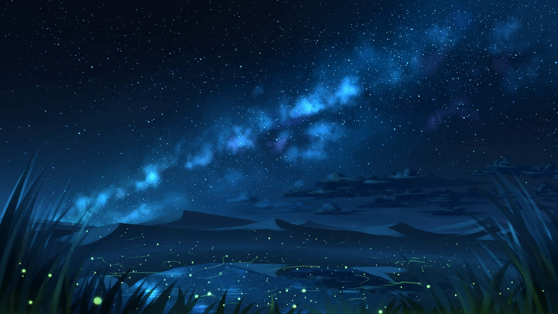 Blå Anime Baggrund Nat Tid Bjerge Og Himlen