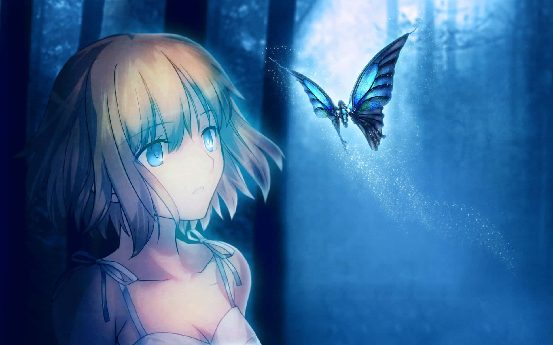 Blue Anime Background Short Haired Girl Floating Butterfly