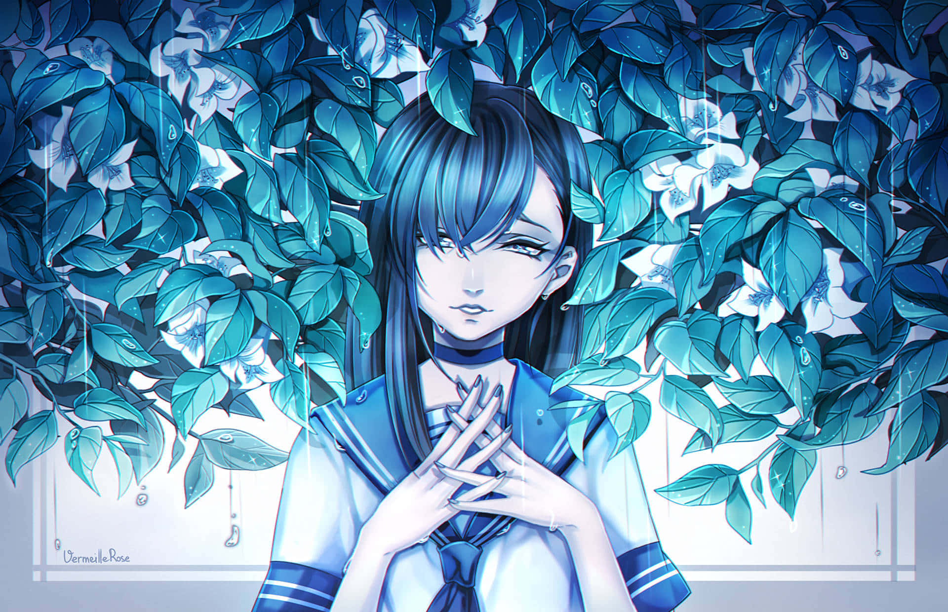 Blå anime baggrund emo pige i skoluniform
