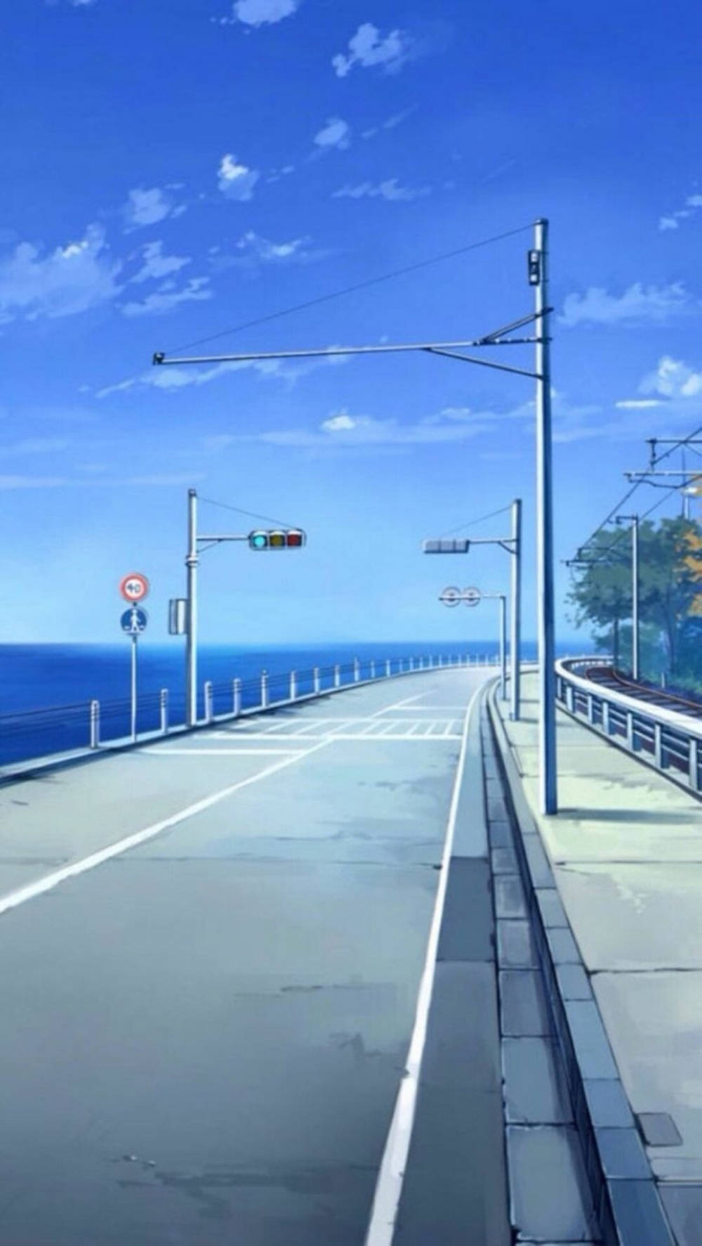 Blue Anime Coastal Road Aesthetic Wallpaper