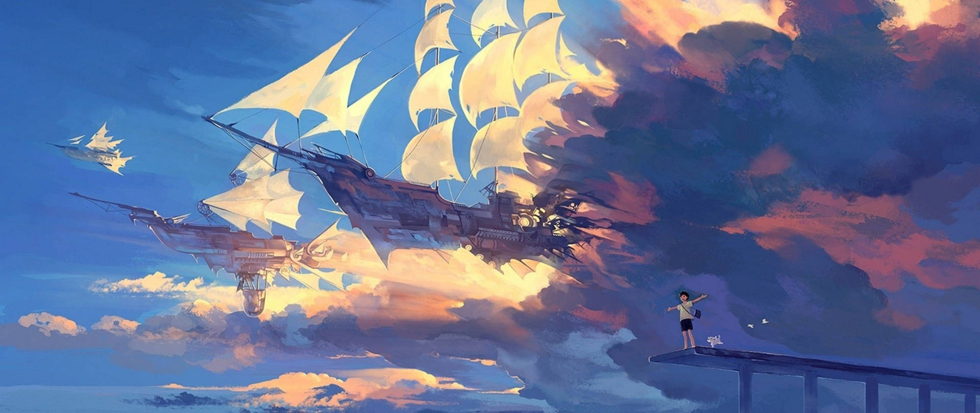 Blue Anime Galleon Ships Aesthetic Wallpaper