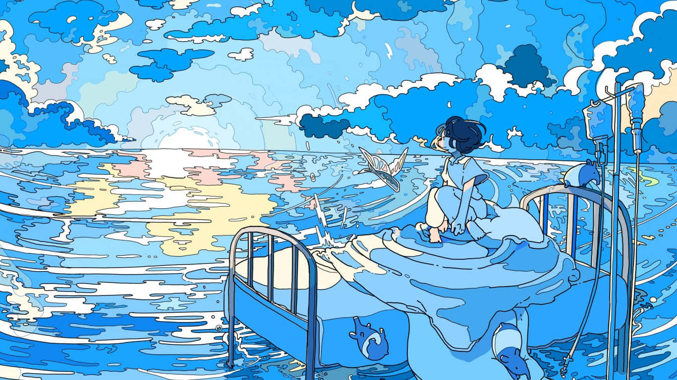 Blue Anime Girl Drifting On The Sea Picture