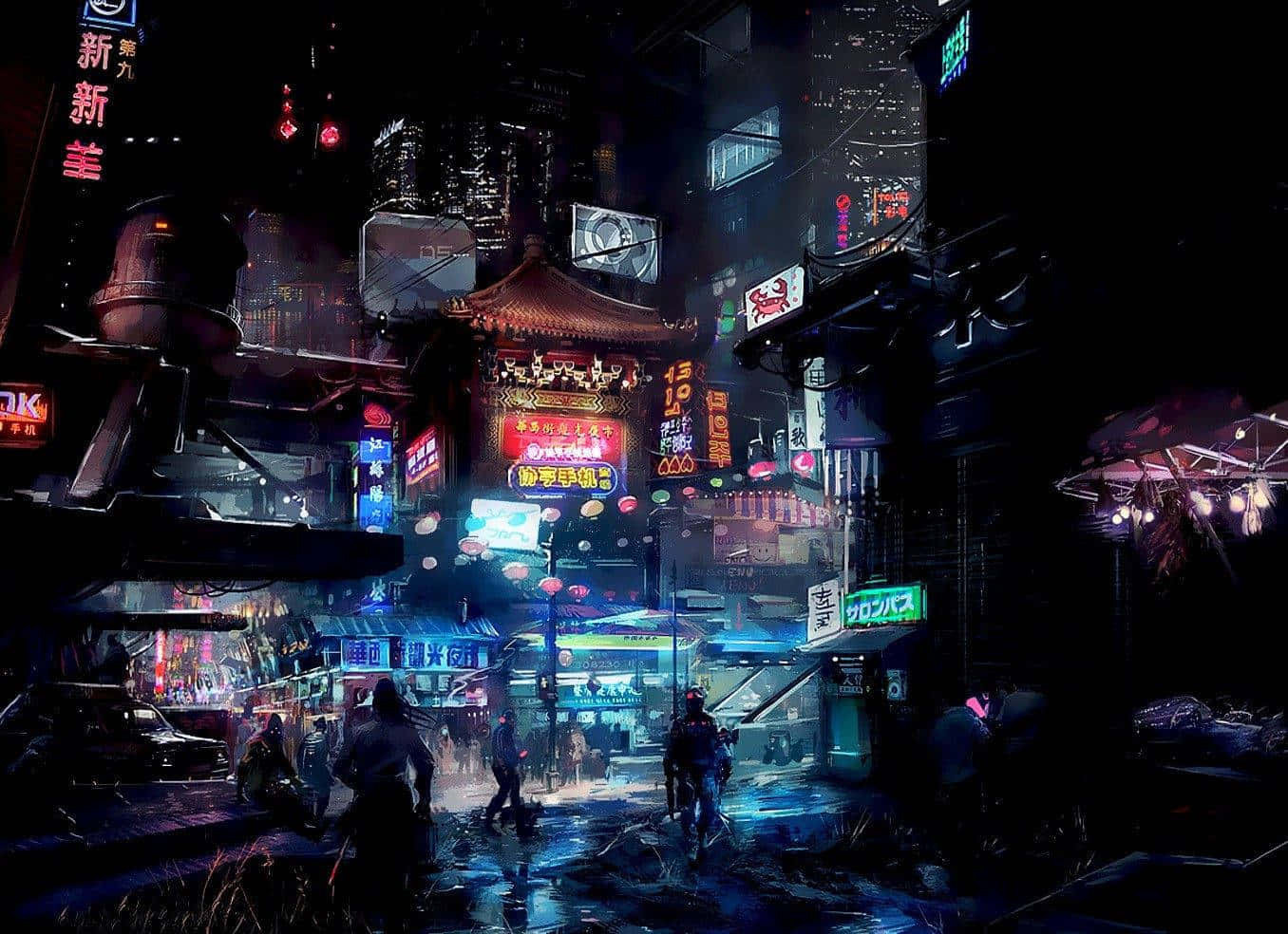 Blaueanime Japanische Cyberpunk-stadt Wallpaper