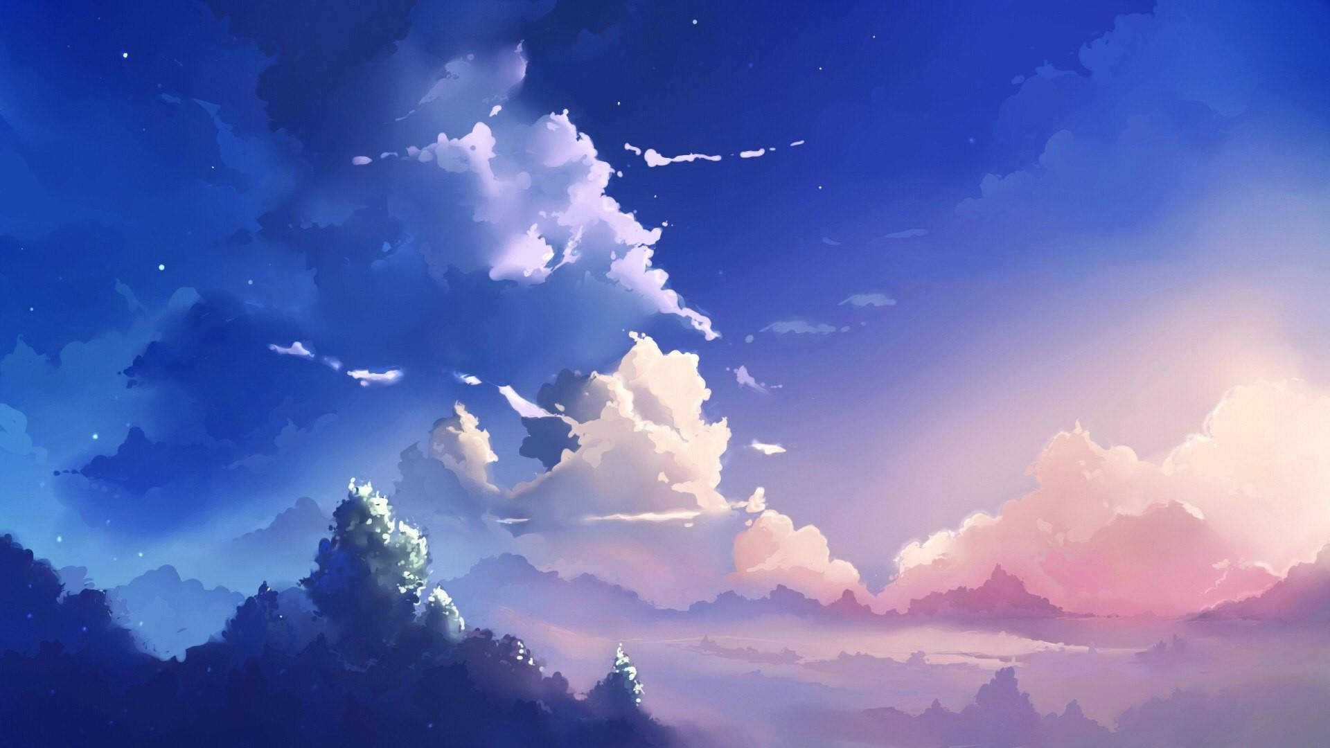 “Experience the Serene Blue Anime Scenery.” Wallpaper