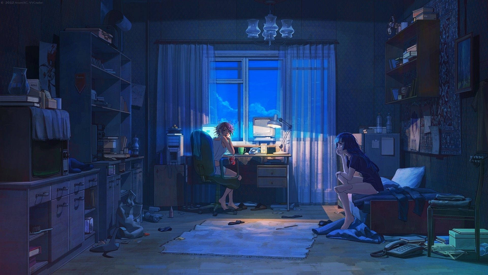 A Room With Two People Sitting In It Wallpaper