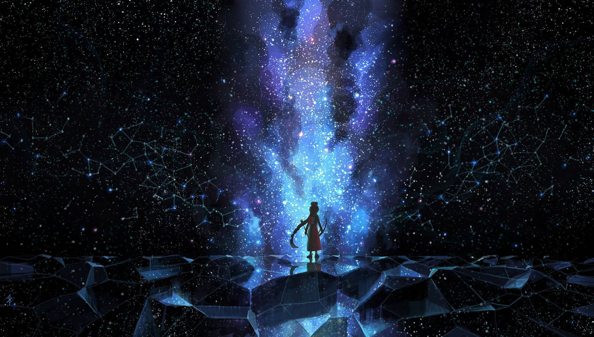 En person står foran en blå stjernehimmel. Wallpaper