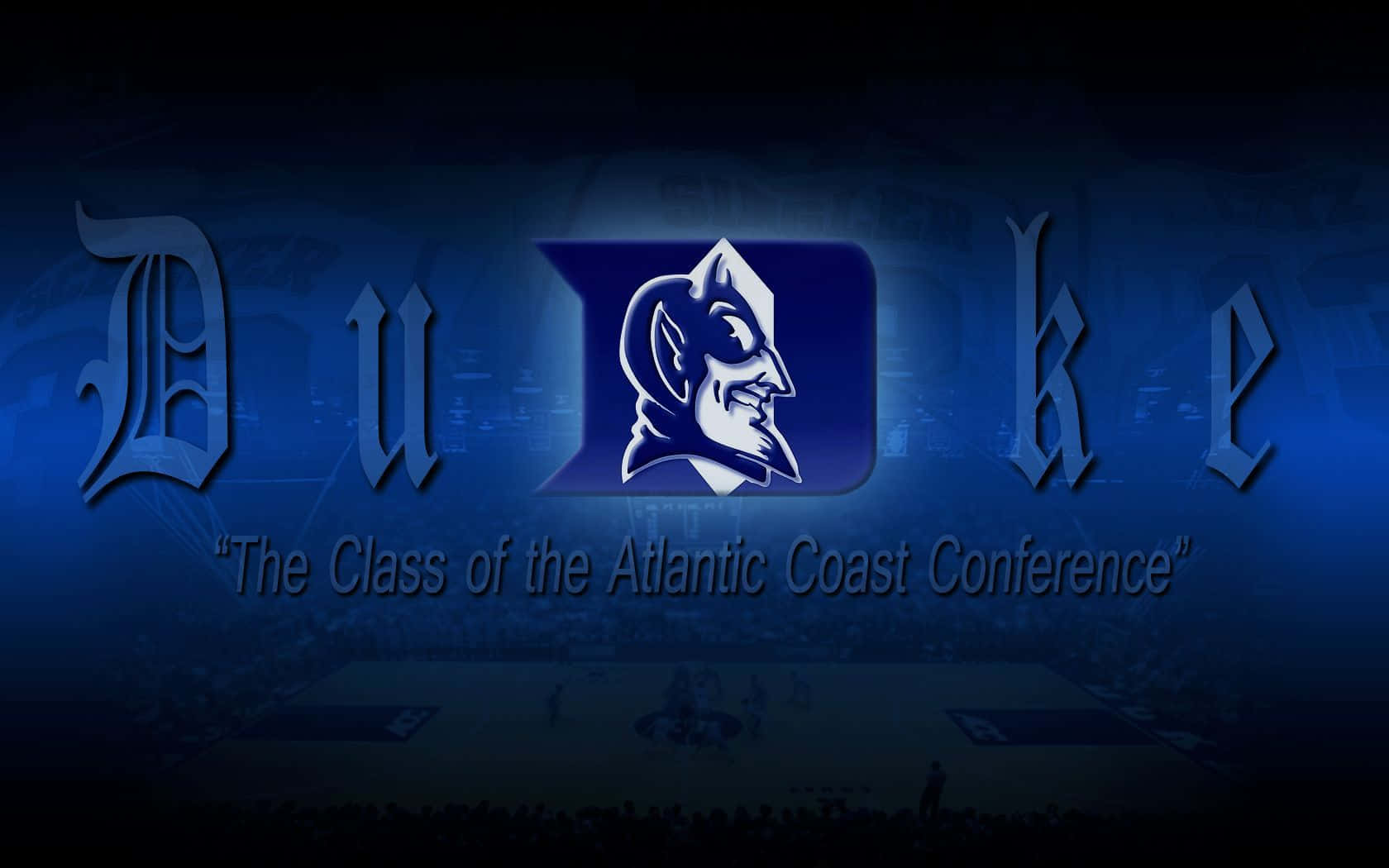 Superposicióndel Logotipo De Los Duke Blue Devils En Azul Y Baloncesto. Fondo de pantalla