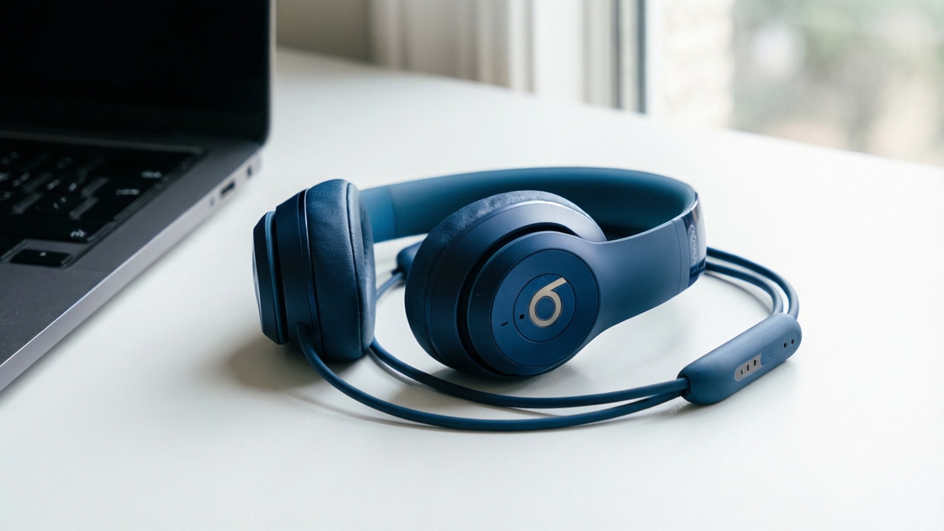 Beats Flex earphones in blue on a minimal desk setup with natural light.