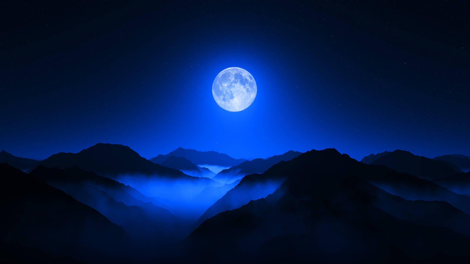 Blue Beautiful Full Moon Mountain Ranges Wallpaper
