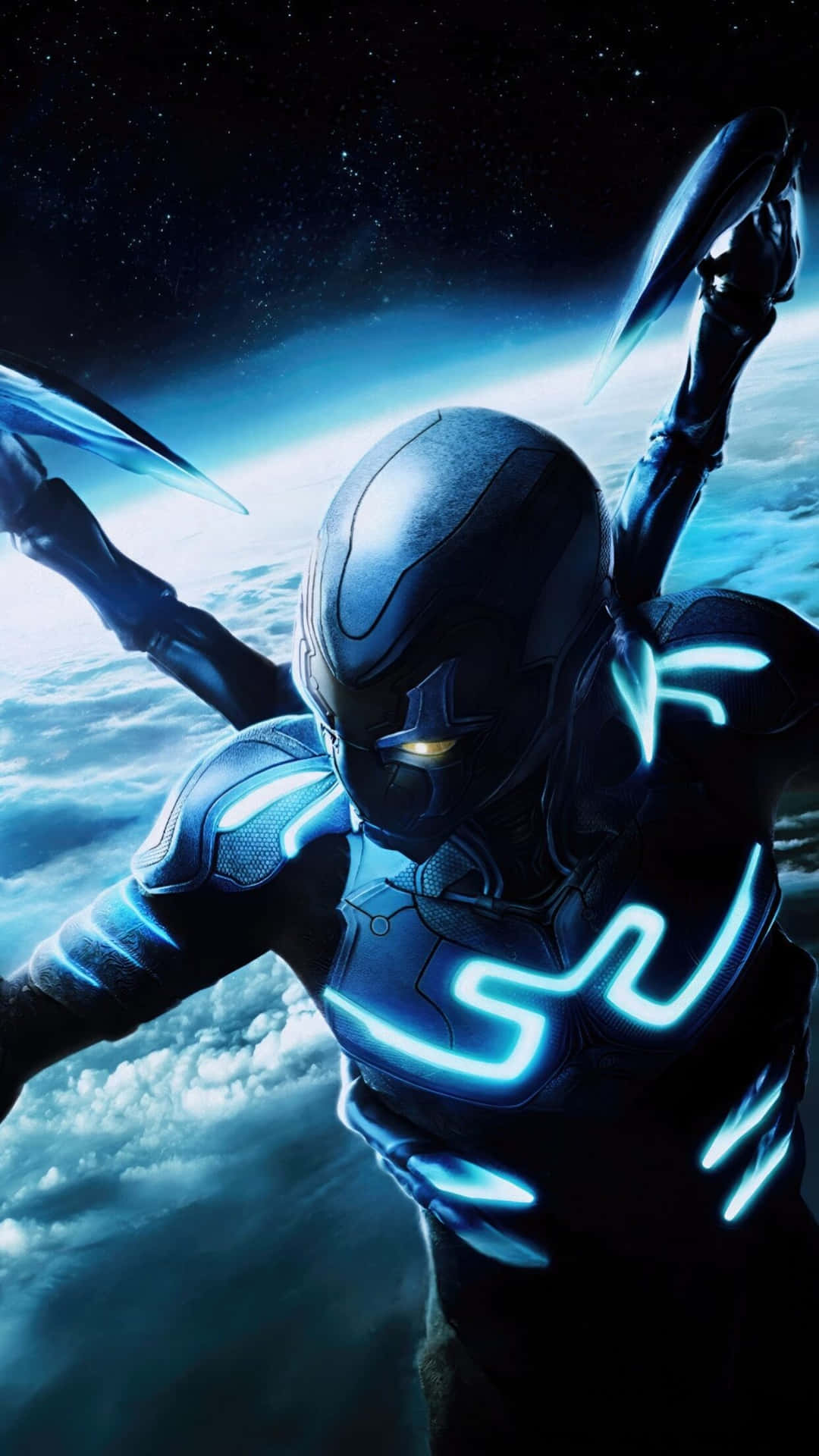 Blue Beetle Heroic Stance Above Clouds Wallpaper