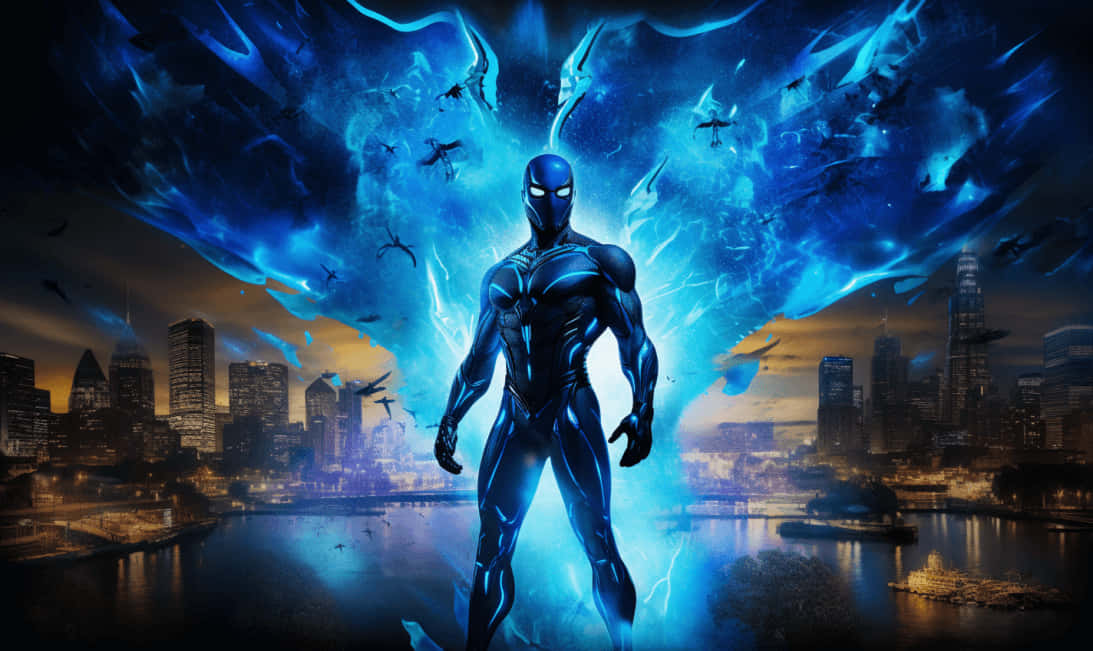 Blue Beetle Heroic Stance Cityscape Background Wallpaper
