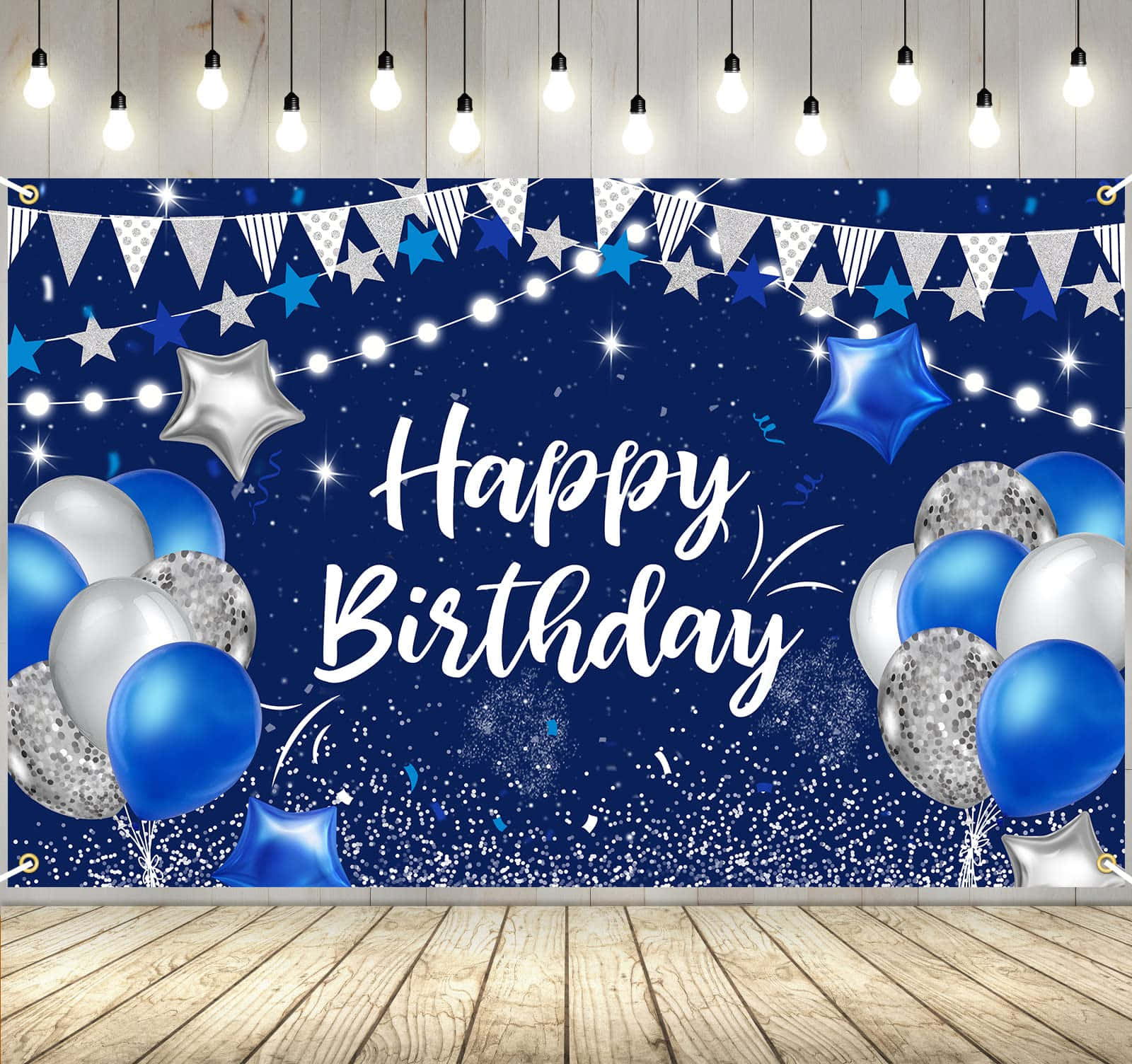 Happy Birthday Banner With Blue And Silver Balloons
