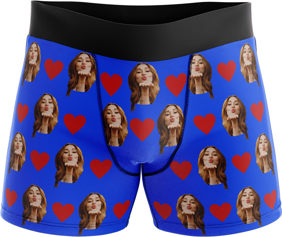 Blue Boxer Briefswith Faceand Hearts Print PNG