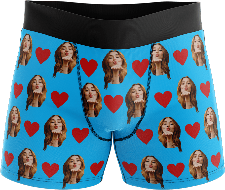 Blue Boxer Briefswith Heartand Face Print PNG