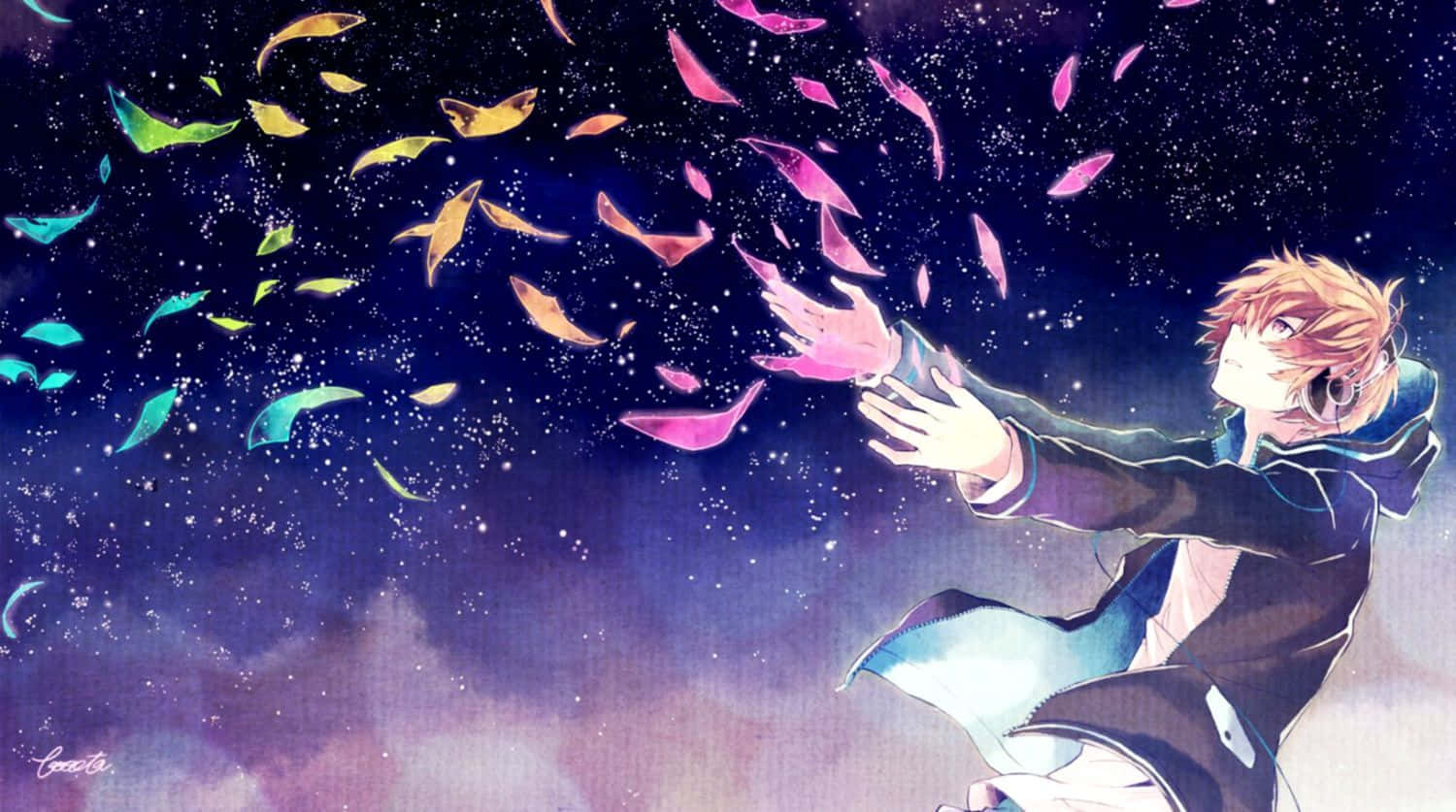 Anime Blue Boy With Colorful Feathers Wallpaper