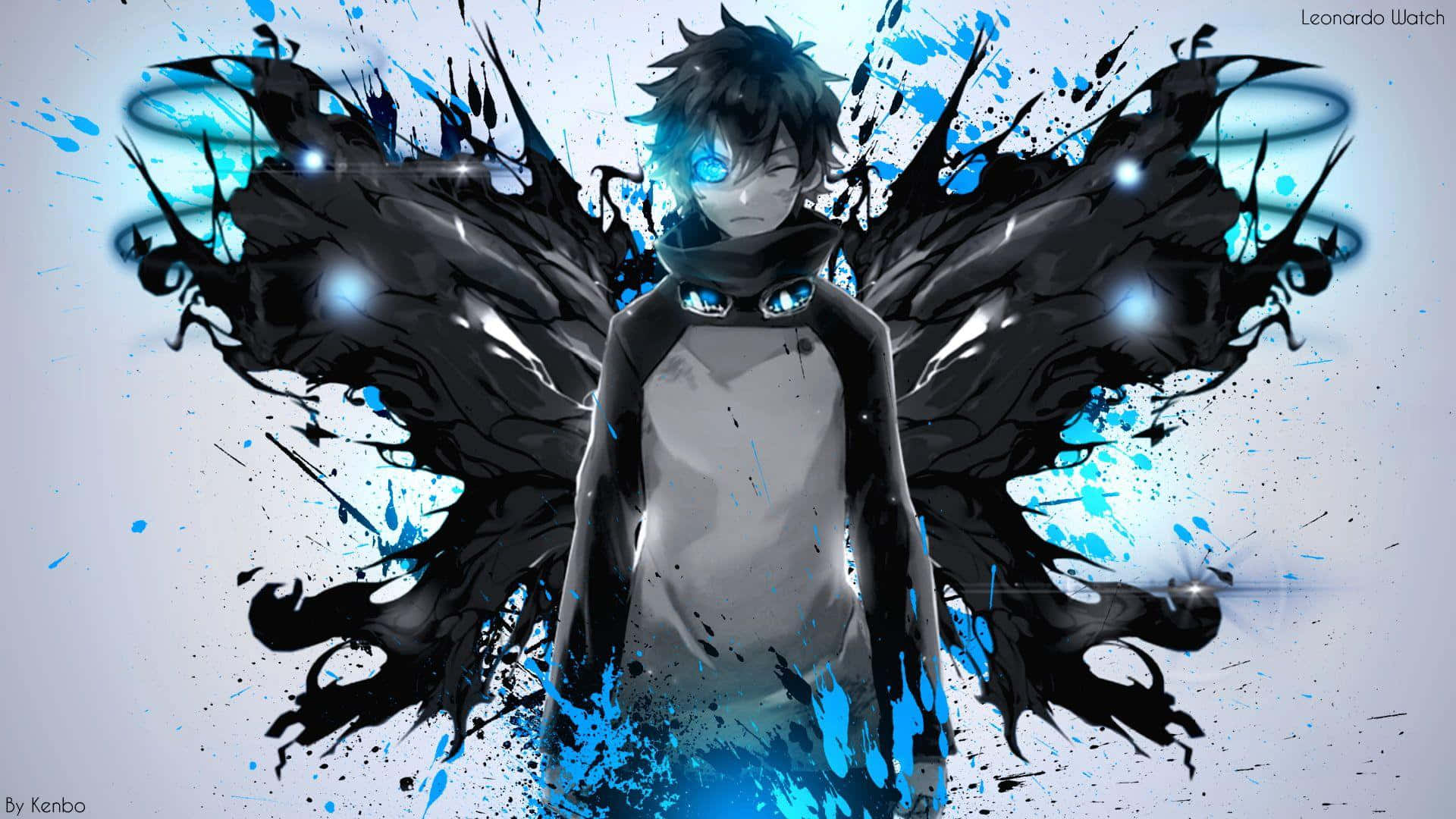 Animejunge Mit Dunklen Flügeln In Blau Wallpaper