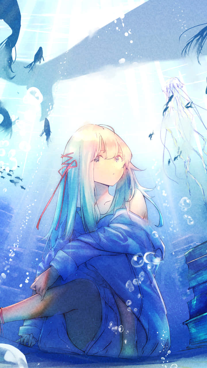 Blåbubblig Anime-tjej Under Vatten. Wallpaper