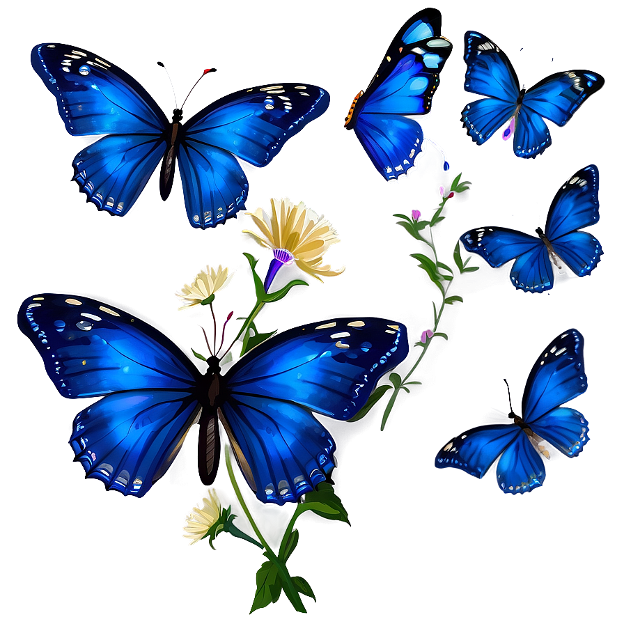 Blue Butterflies And Flowers Png Poc7 PNG