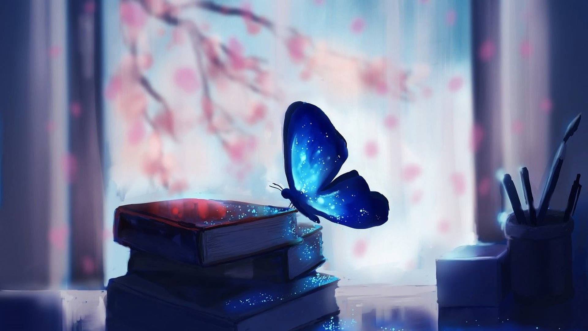 Blue Butterfly Aesthetic On Books Wallpaper
