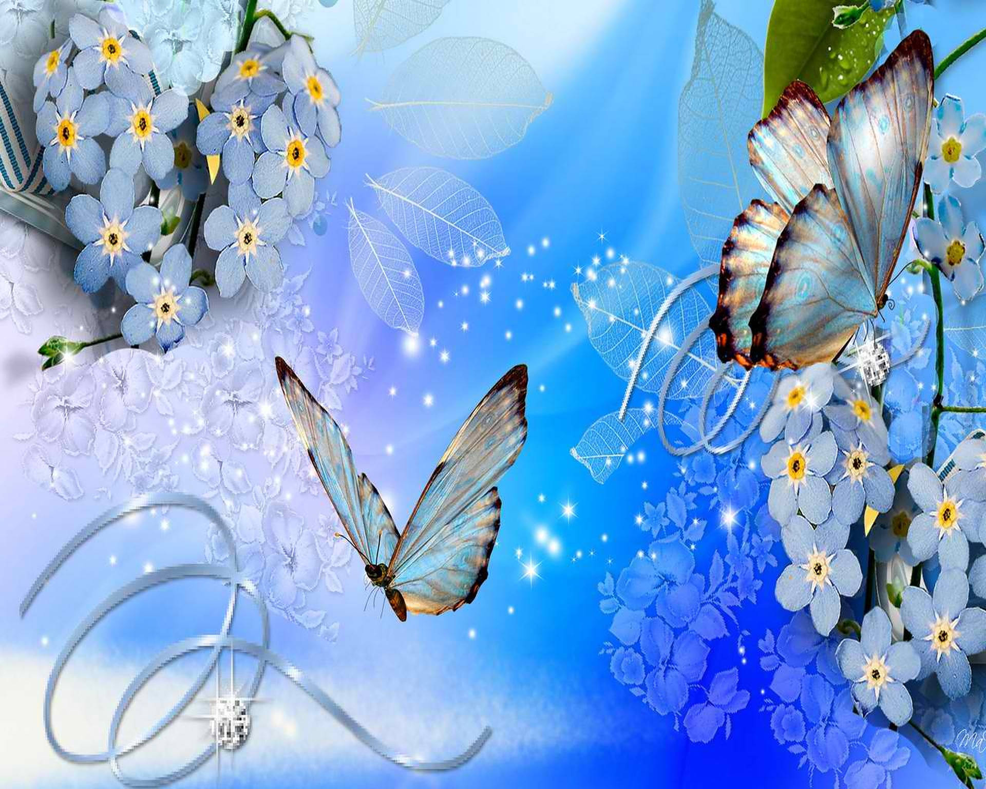Blue Butterfly Aesthetic On Flower Wallpaper
