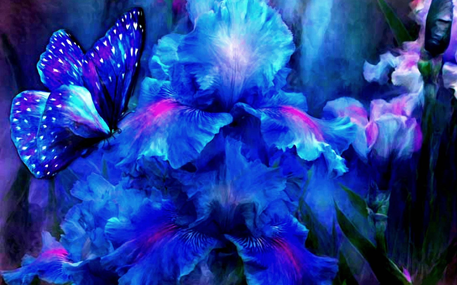 Blue Butterfly And Crowded Petals Wallpaper
