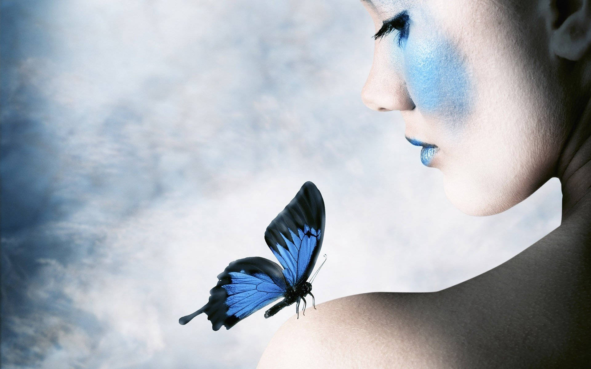 Blue Butterfly Beautiful Woman Wallpaper
