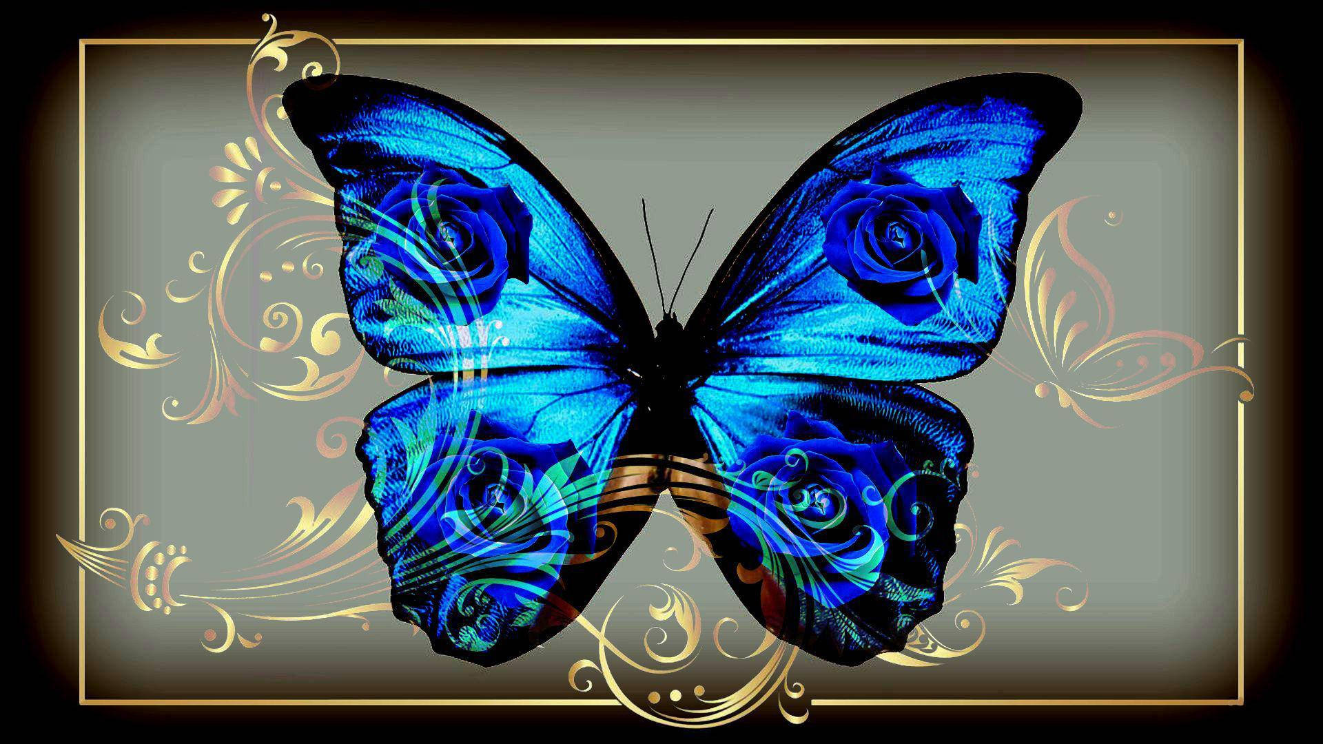 Blue Butterfly Gold Aesthetic Wallpaper