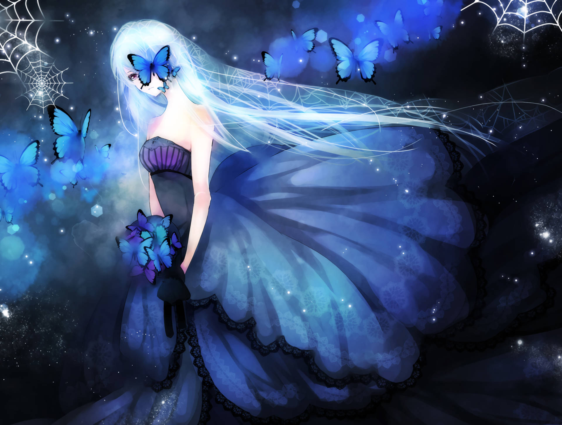 Blue Butterfly White Anime Girl Wallpaper