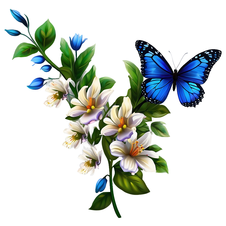 Blue Butterfly With Floral Elements Png 05212024 PNG