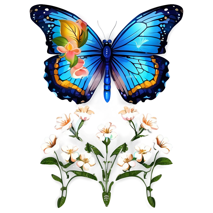 Blue Butterfly With Floral Elements Png Qmg40 PNG