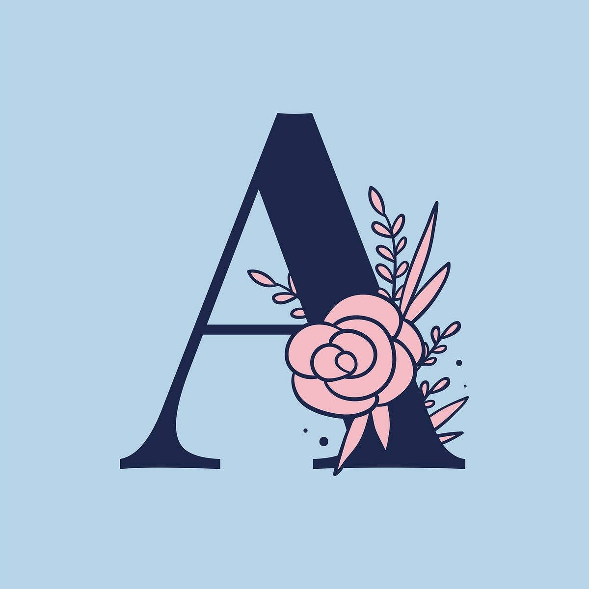 Blue Capital Alphabet Letter A With Pink Flower Picture