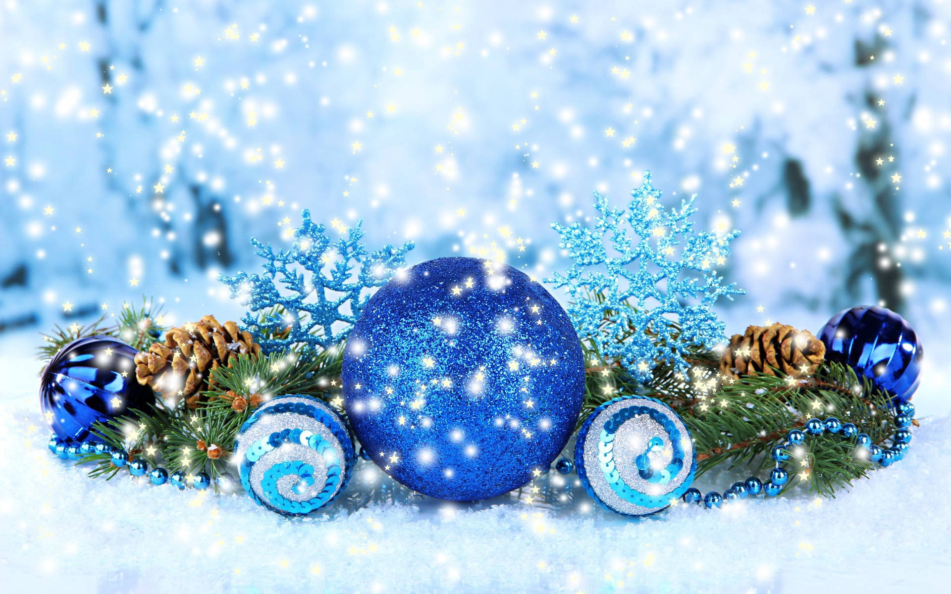 Blue Christmas Balls With Snowflakes Wallpaper