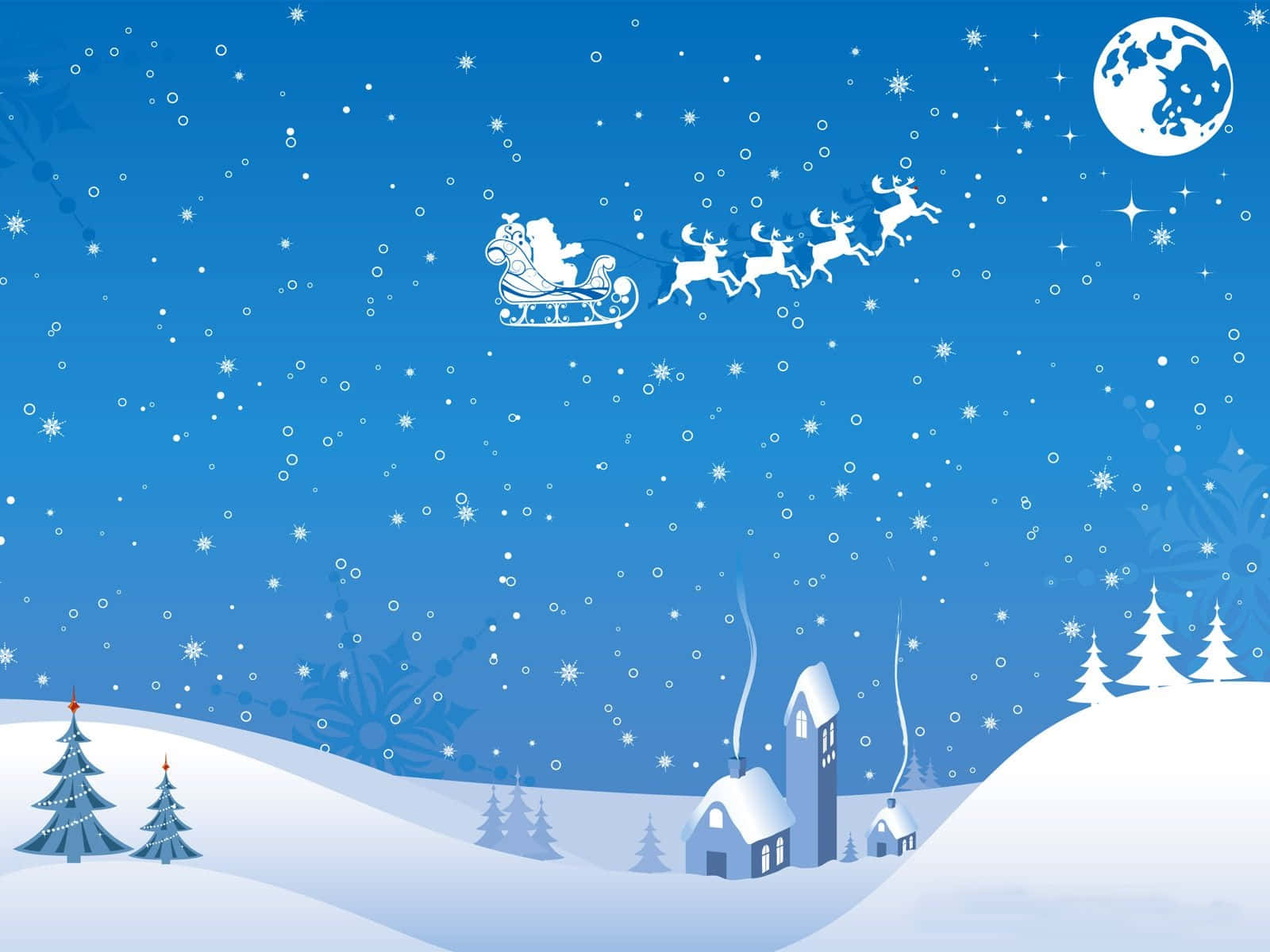 Santa Claus flyver over et sneklædt landskab Wallpaper