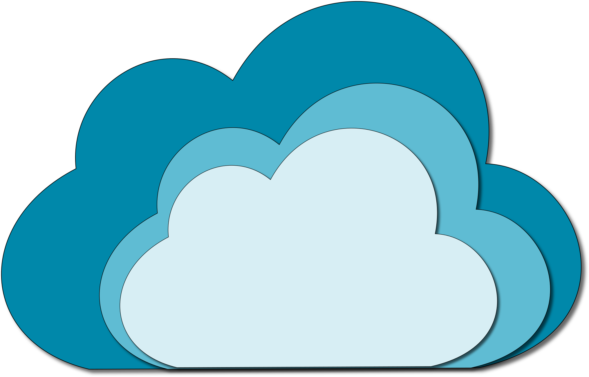 Blue Cloud Vector Clipart PNG — A stylized layered cloud in shades of blue set against a black background with soft shadows.
