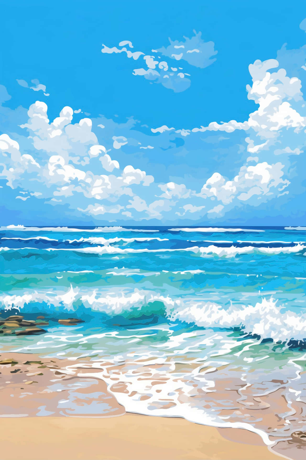 Blue Coastal Beach Painting Wallpaper