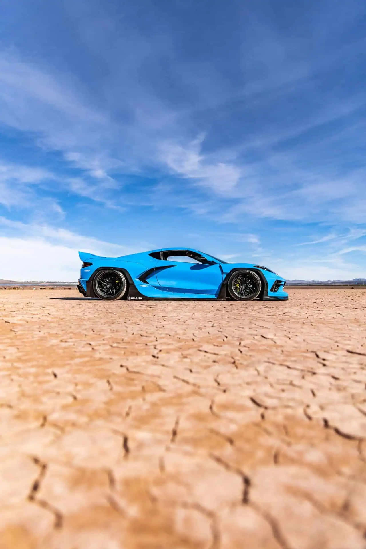 Blue Corvette C8 Desert Landscape Wallpaper