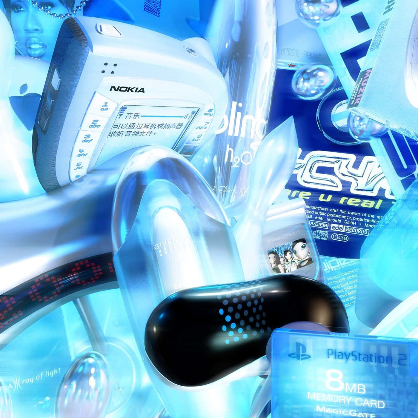 Blue Cybercore Y2 K Aesthetic Collage Wallpaper