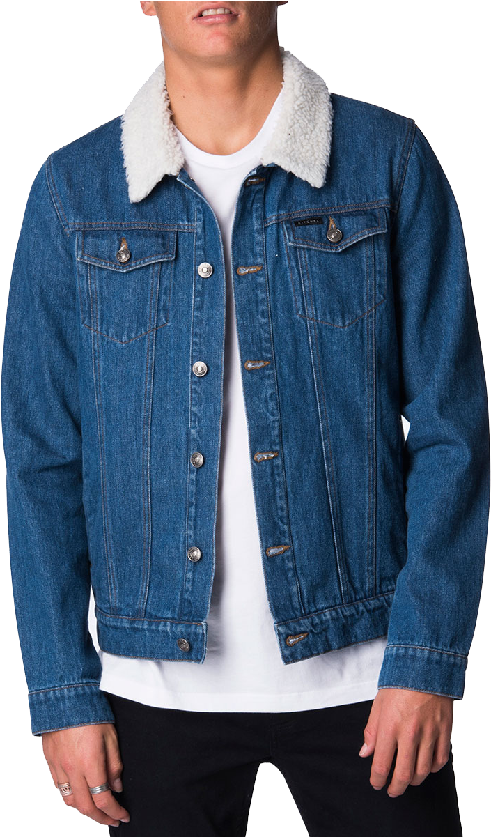 Blue Denim Jacketwith Shearling Collar PNG