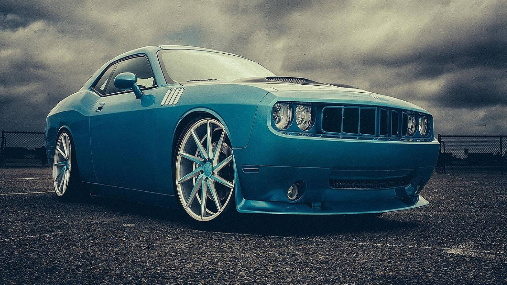 Blue Dodge Challenger Under Gray Clouds Wallpaper