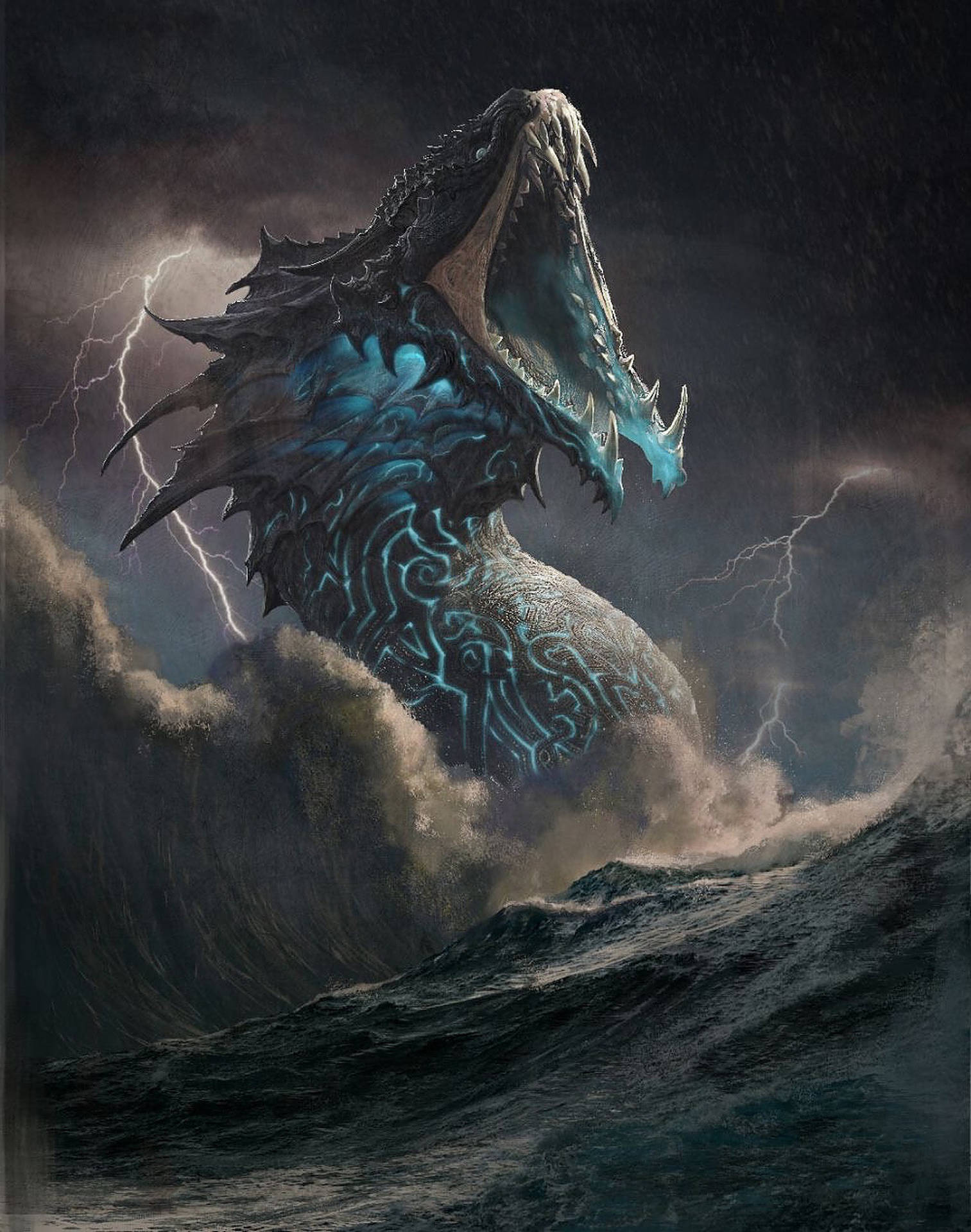 Blue Dragon And Lightning Wallpaper