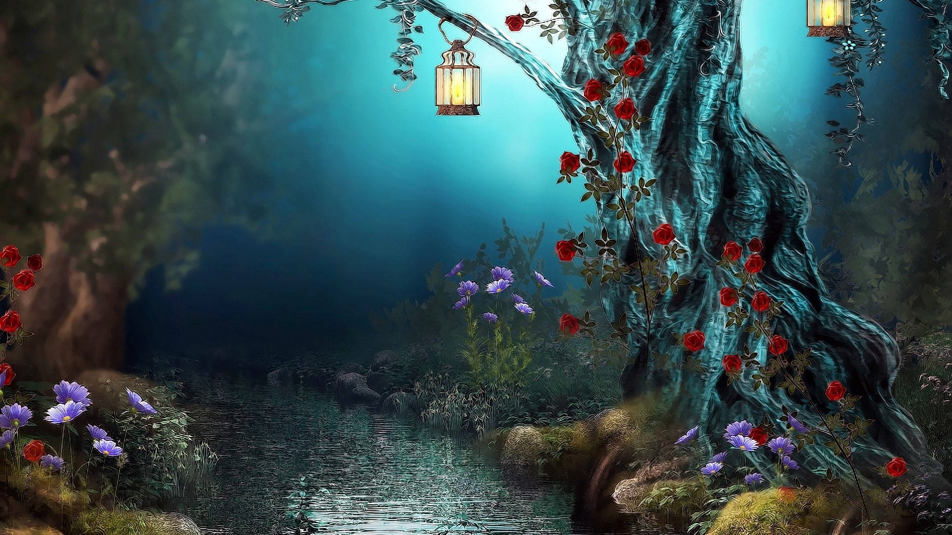 Blue Enchanted Forest Riverbank Background