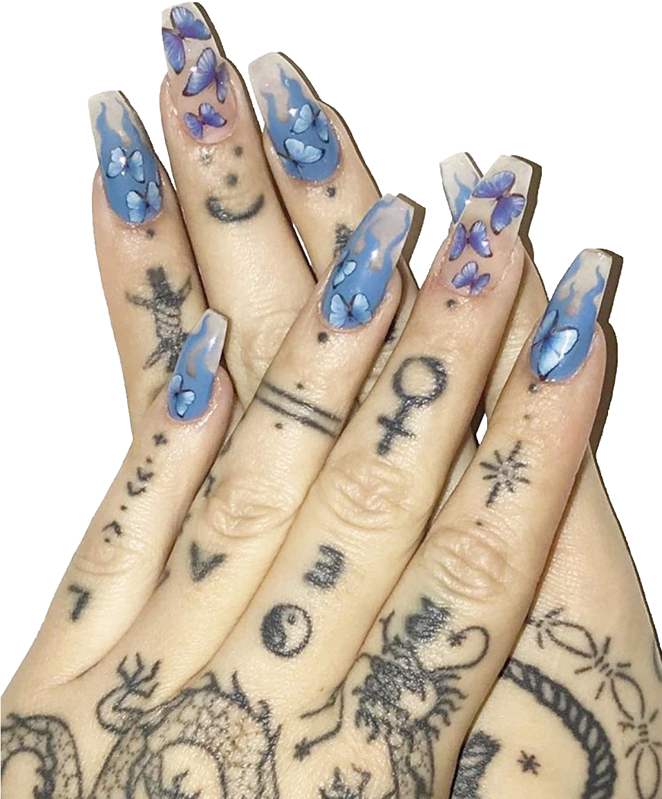 Blue Feather Nail Art Tattooed Hands PNG