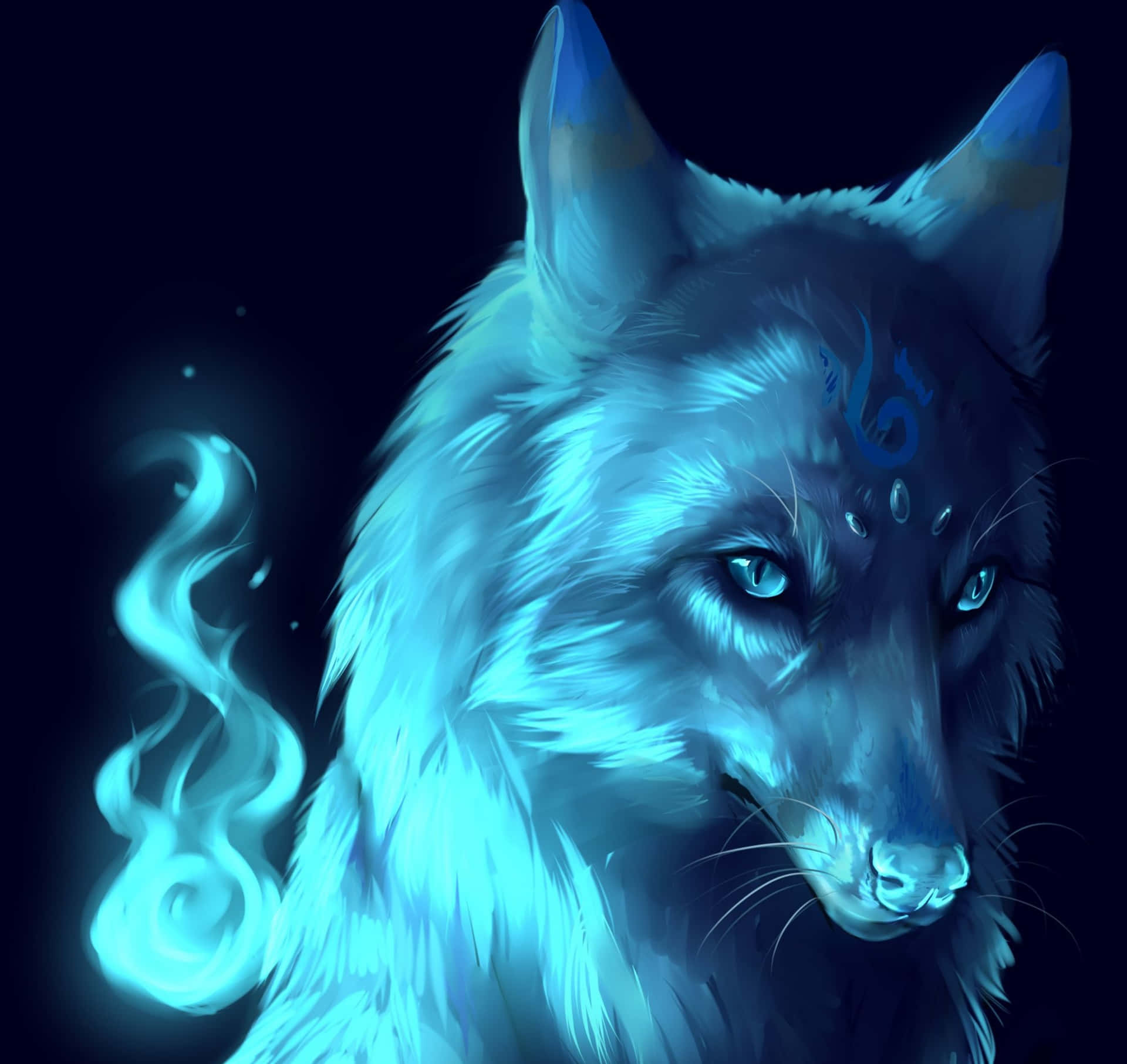 Blue Fire Wolf With Forehead Symbol Wallpaper