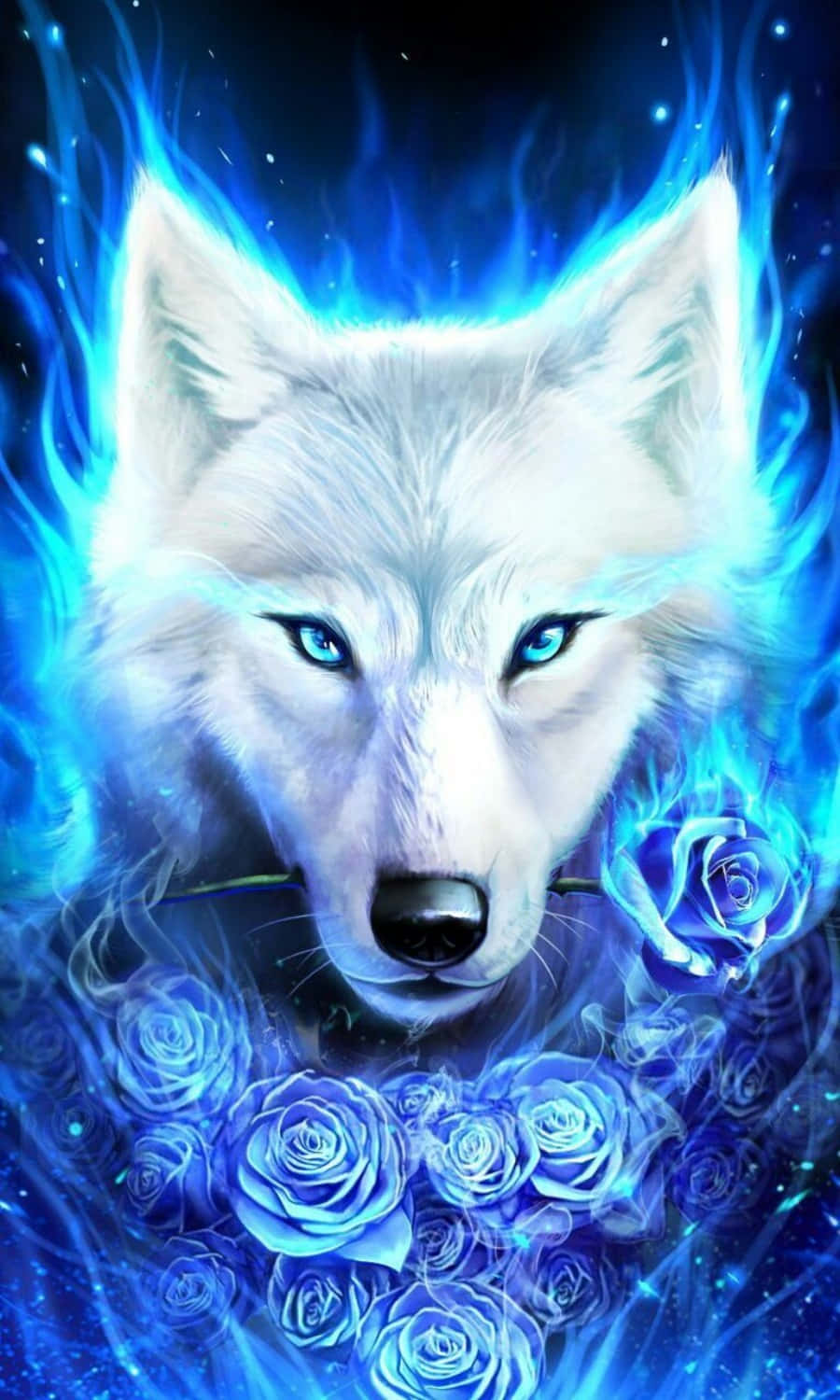 Blue Fire Wolf With Blue Roses Wallpaper
