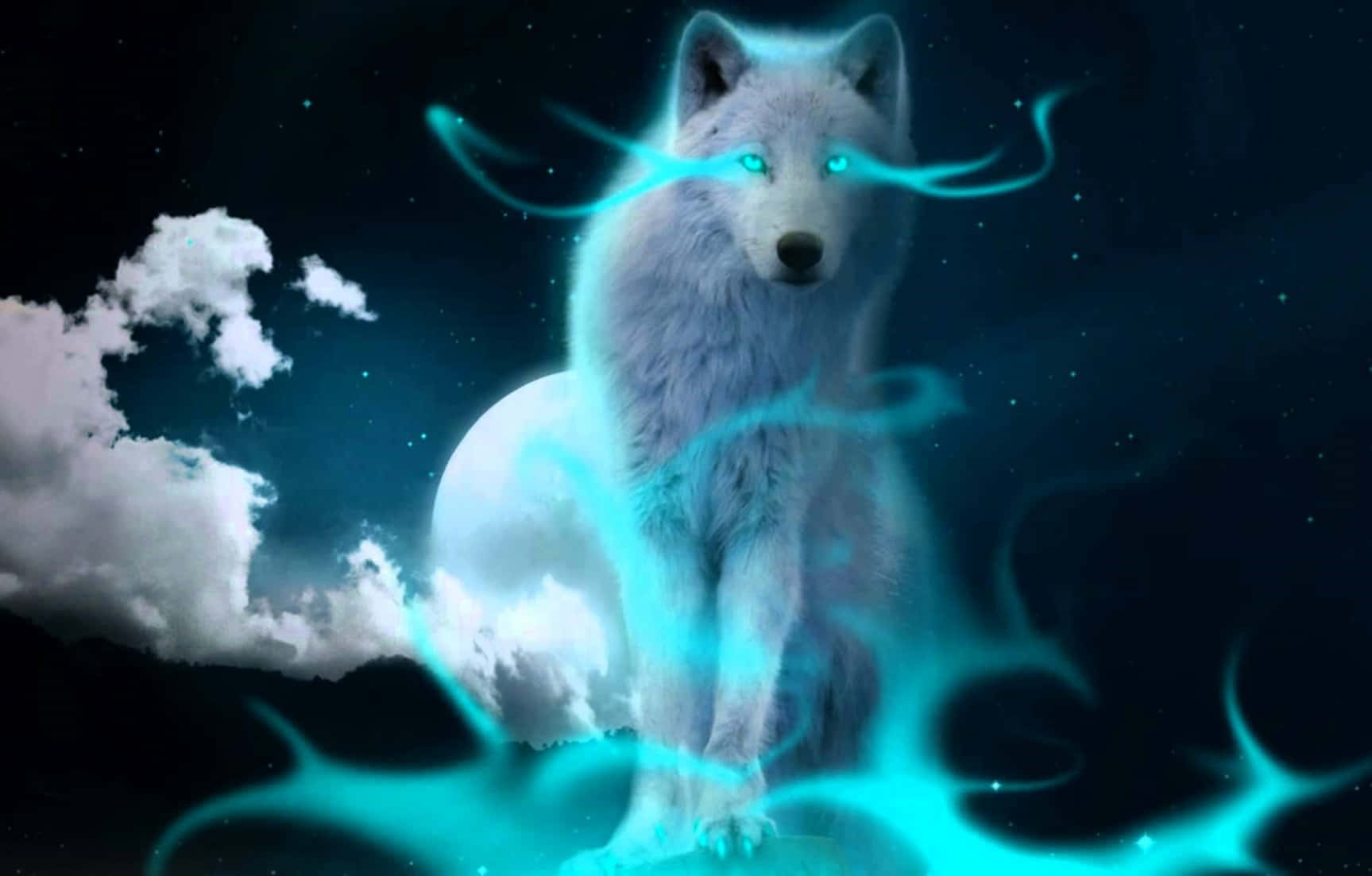 Night Blue Fire Wolf Wallpaper