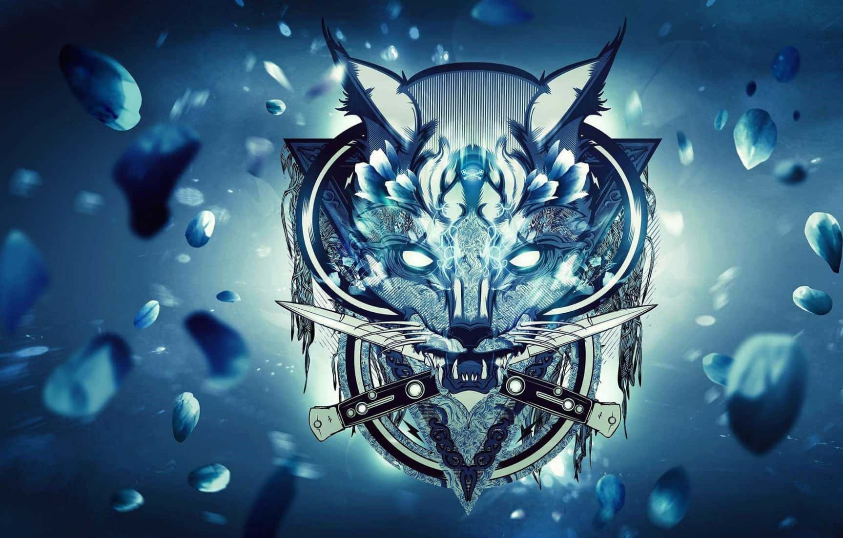 Blue Fire Wolf Holding Knife On Its Mouth Wallpaper